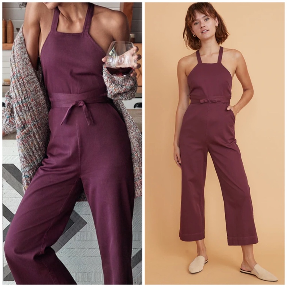Marine layer maroon apron cropped Tess Jumpsuit in Cabernet size 0 XS